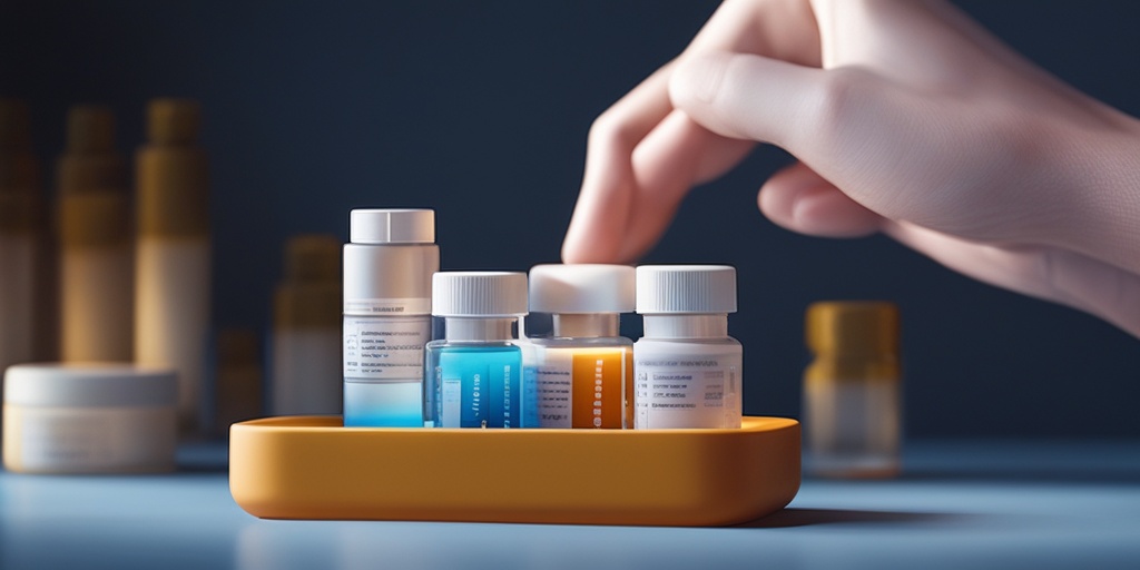 Person holding pill box with nitroglycerin and other medications in gradient blue background.