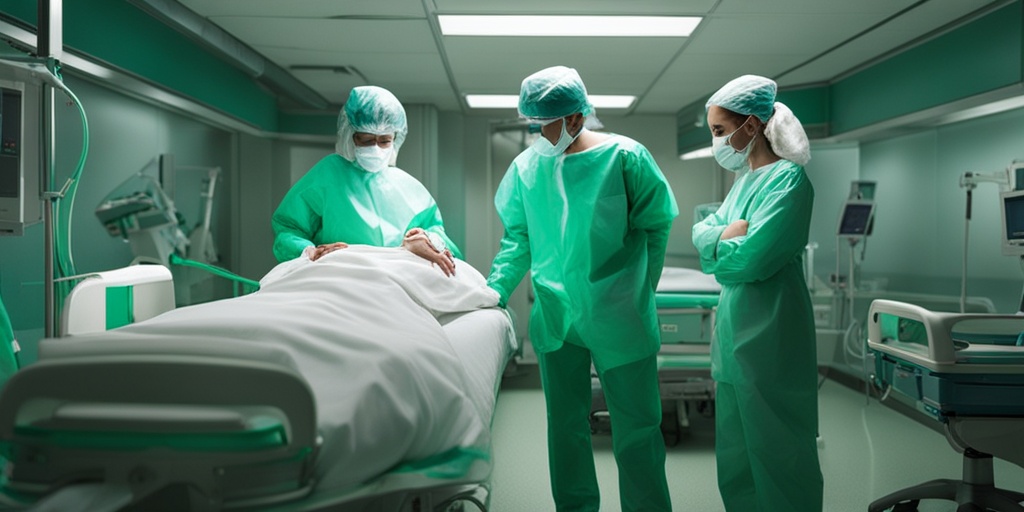 Person in hospital bed with acute radiation syndrome surrounded by medical professionals in protective gear.