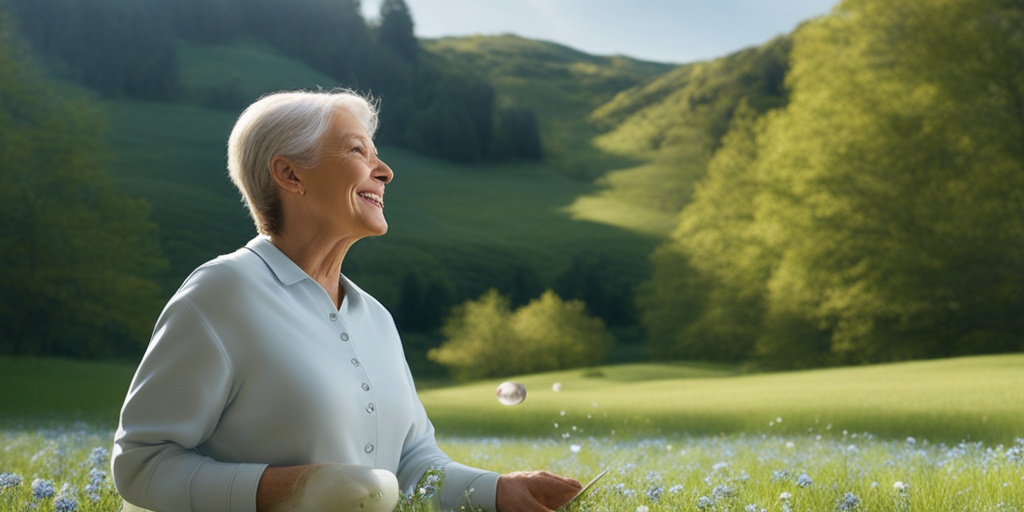 Person in their 50s standing in a lush green meadow holding a delicate joint model with Glucosamine and Chondroitin molecules orbiting around it.