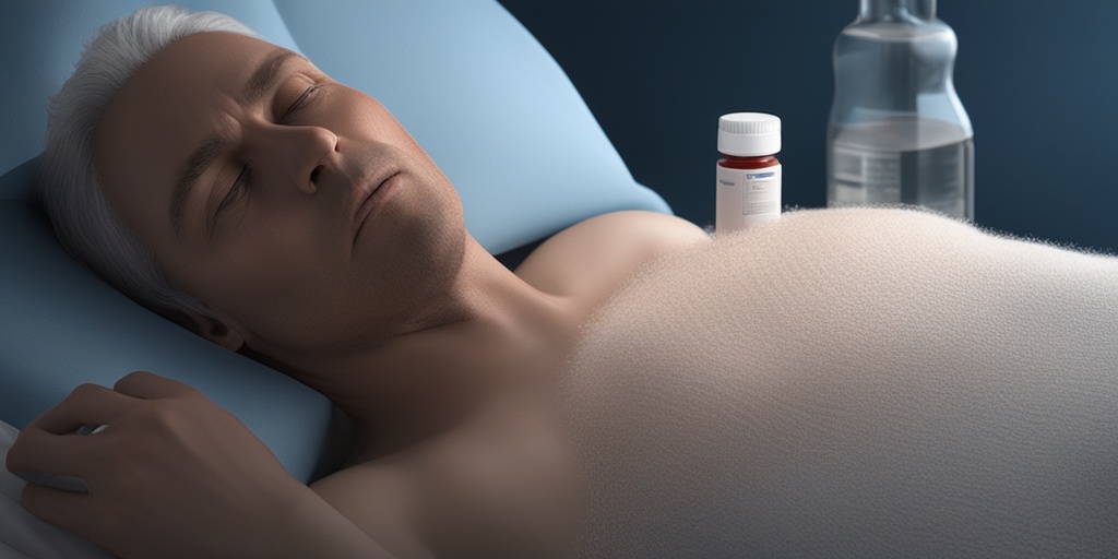 Person lying in bed surrounded by medication, water, and a thermometer, depicting various symptoms of shingles.