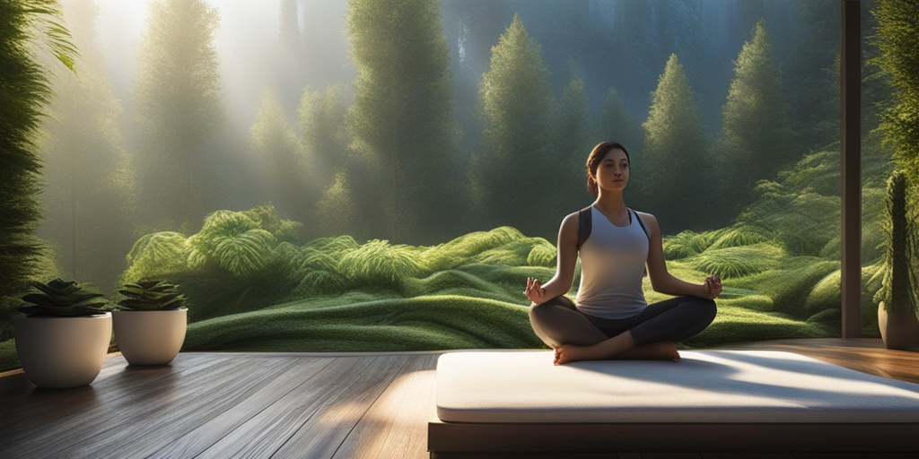 Person meditating in a serene natural environment with lush greenery and subtle blue hints, surrounded by a glowing aura.