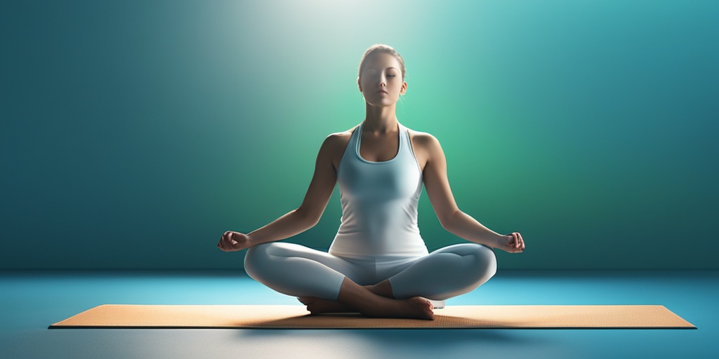 Person performing yoga or breathing exercises with green glow and soft blue background.