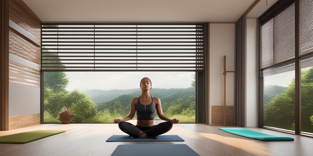 Person practicing yoga in calming natural environment with subtle green hue.