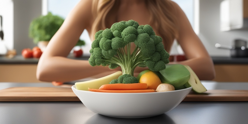 Person preparing healthy meal in a bright kitchen with fresh fruits and vegetables, surrounded by visual elements of brain and nervous system.