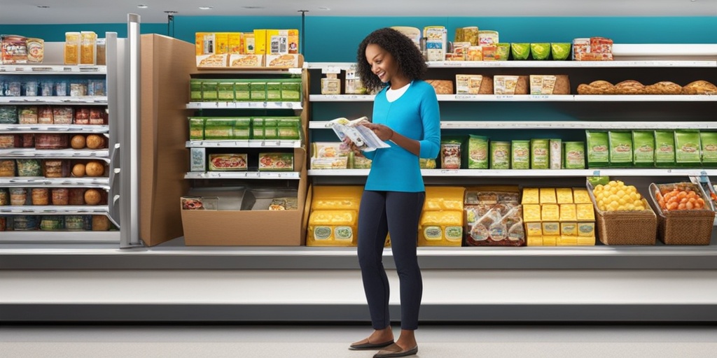 Person reading food labels in grocery store with egg-free products and allergy-friendly snacks around them against subtle blue background.