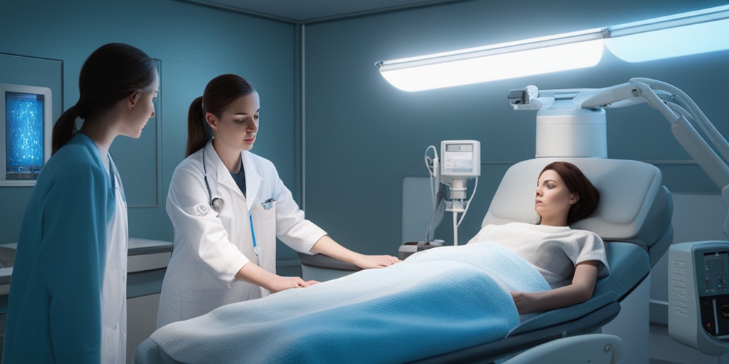 Person receiving medical treatment for radiation illness with supportive professionals and a hopeful tone.