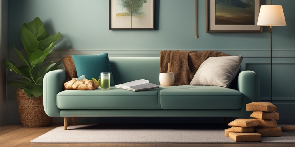 Person resting on couch with home remedies for Viral Gastroenteritis, including ginger ale and chicken soup.