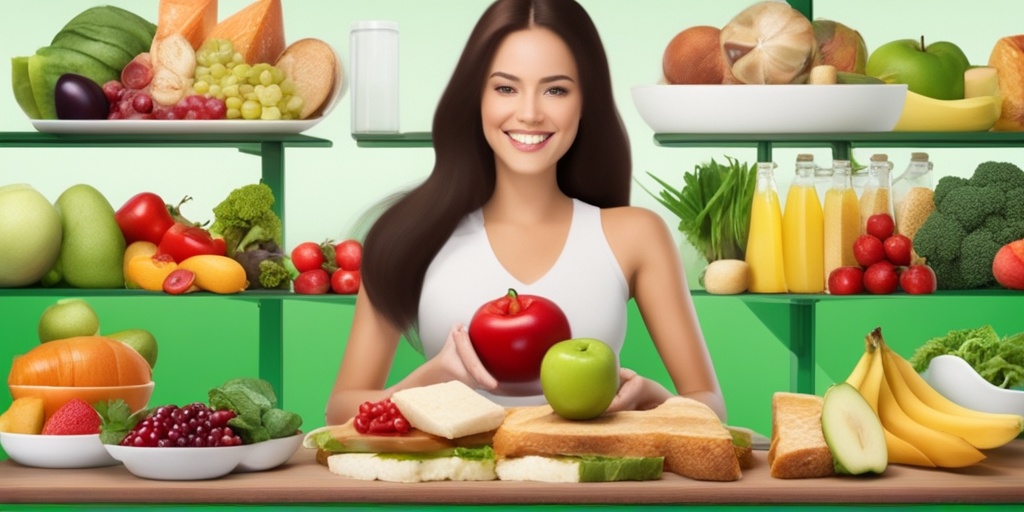 Person sitting at a table, surrounded by food groups, holding a plate with a labeled food pyramid diagram, with a subtle green background.