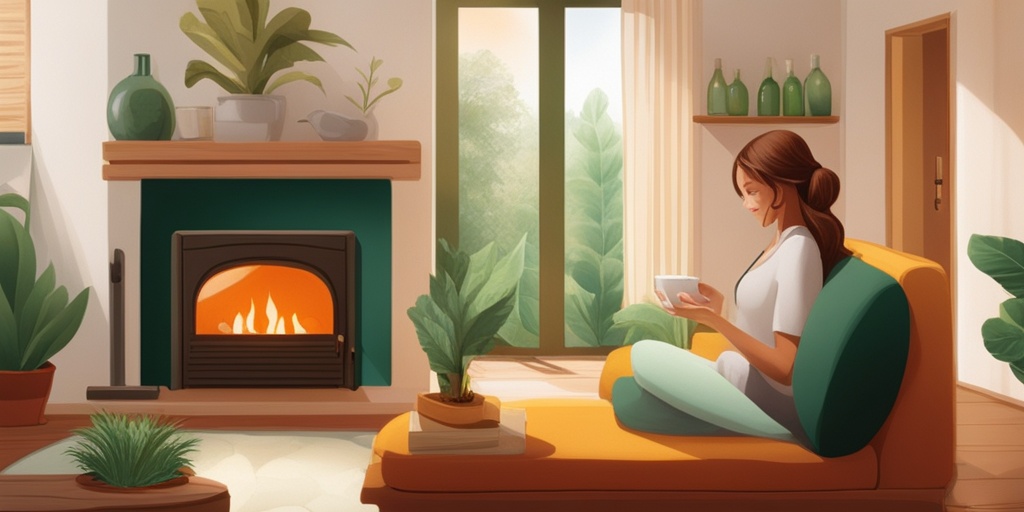 Person sitting comfortably in a cozy living room, surrounded by home remedies for voice problems.