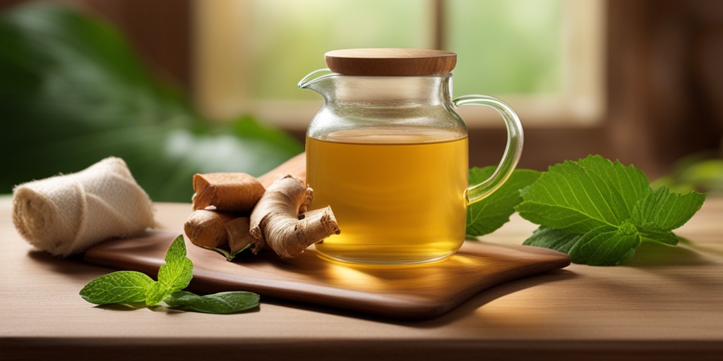 Person sitting comfortably on a couch surrounded by home remedies for airsickness on a warm natural background.