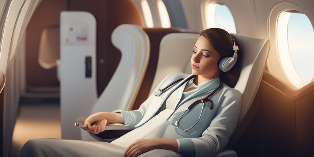 Person sitting in a plane surrounded by different remedies for airsickness, with a calm and relaxed expression.