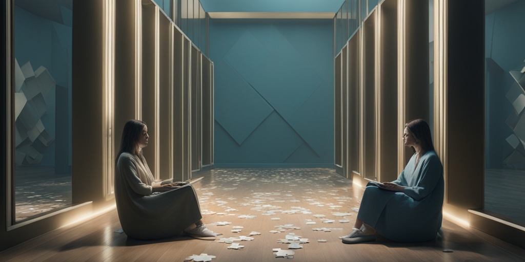 Person sitting in dimly lit room surrounded by fragmented mirrors and broken puzzle pieces, conveying connection between catatonia and mental health conditions.