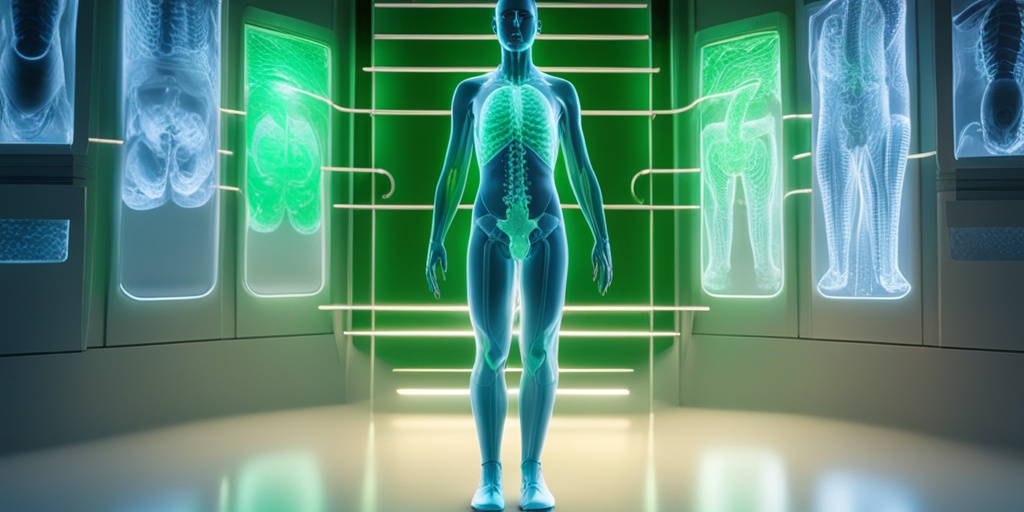 Person standing in front of 3D human body model, highlighting potential complications and related conditions of Crohn's Disease.