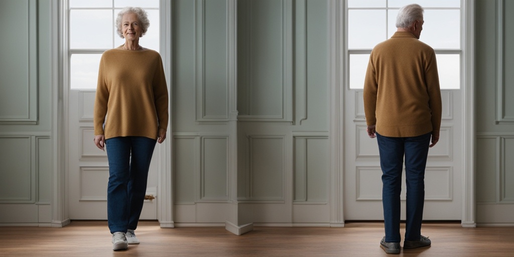 Person standing with outstretched arms, showing visible tremors, in a neutral-colored room with blue undertone.