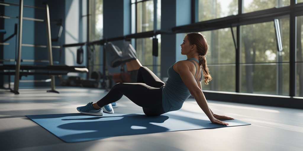 Person stretching in modern gym with glowing lines emphasizing warm-up importance