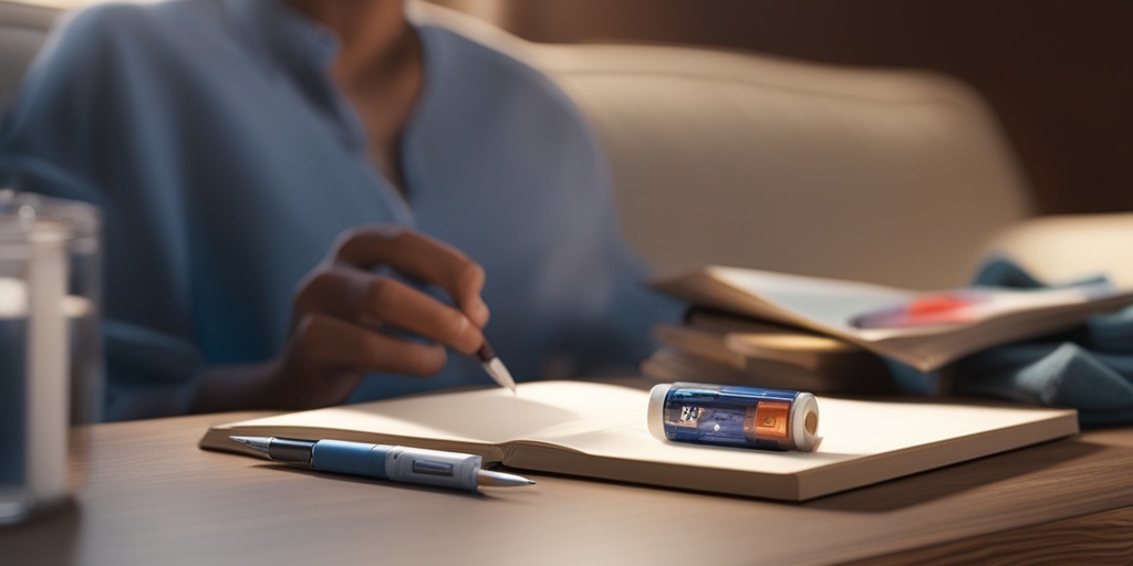 Person surrounded by educational materials and insulin supplies on couch with calm expression.