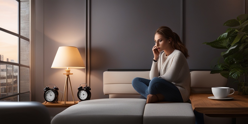 Person surrounded by risk factors for night eating disorder, such as stress and lack of sleep, in a modern lifestyle setting.