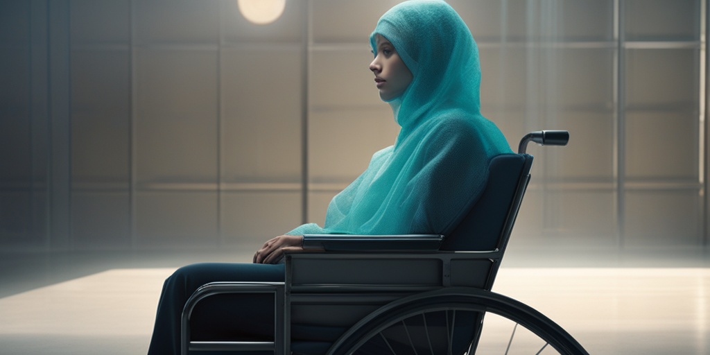 Person undergoing chemotherapy treatment with blue background and faint green glow