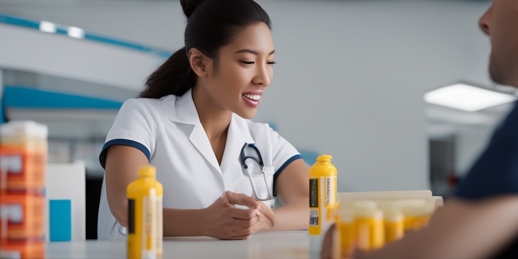 Person using EpiPen to manage drug allergy reaction with guidance from healthcare professional.