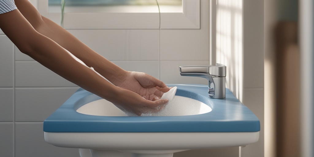 Person washes hands and cleans tick bite area, conveying relief and reassurance with soothing blue and white tones.