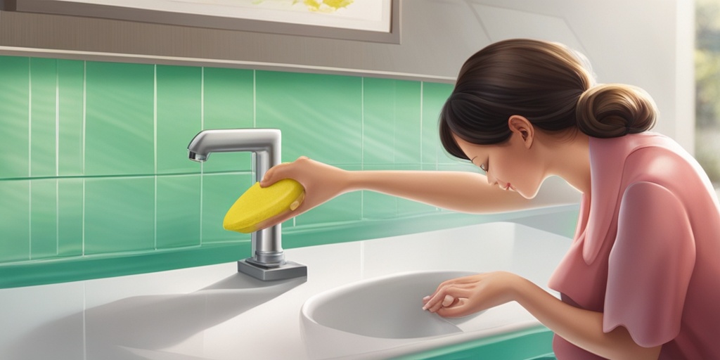 Person washing hands to prevent warts and plantar warts in clean and hygienic green and blue environment.