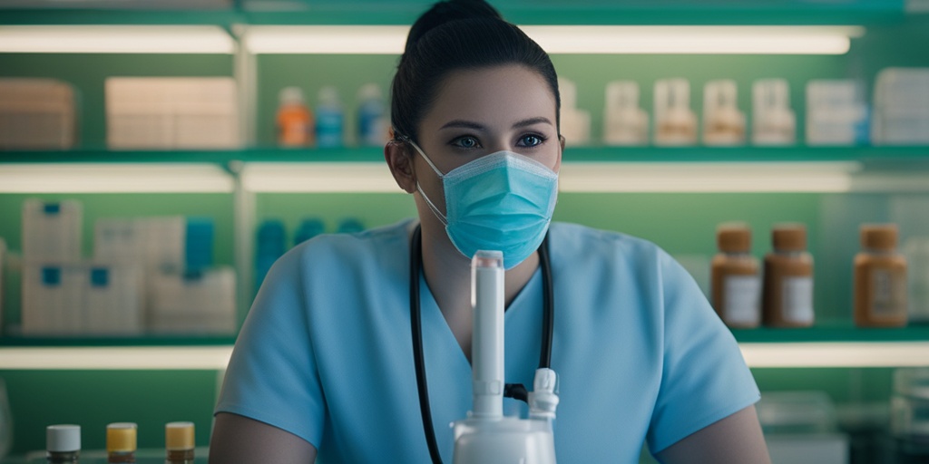 Person with Cystic Fibrosis holding nebulizer mask, surrounded by medications and therapies, with determined face.