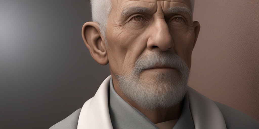 Photorealistic image of an older adult's frail physique and pale complexion, highlighting the long-term effects of radiation exposure on overall health.