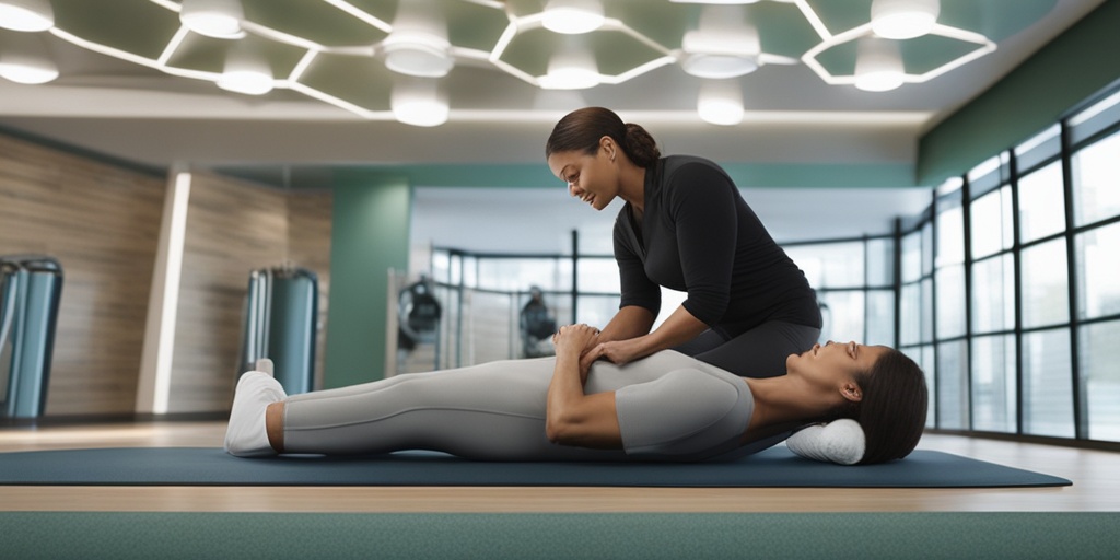 Physical therapist guides patient through exercises for meniscus tear recovery.