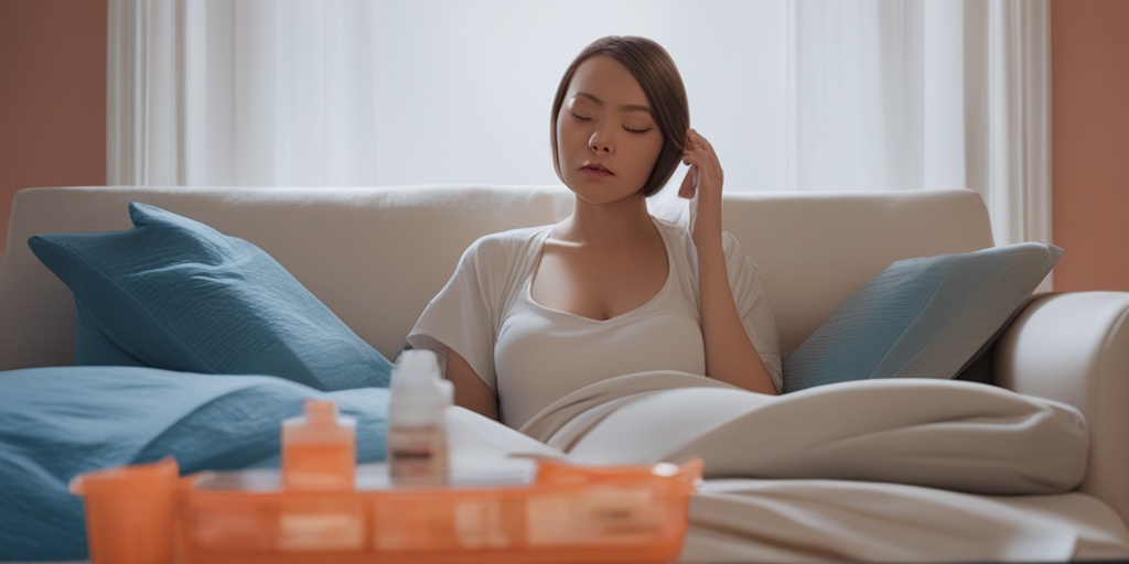 Pregnant woman on couch, experiencing COVID-19 symptoms, surrounded by medication and tissues.