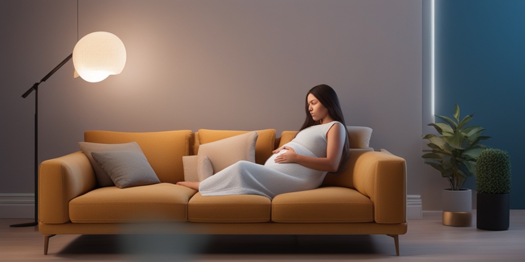 Pregnant woman on couch with COVID-19 symptoms, holding thermometer, with subtle blue background.