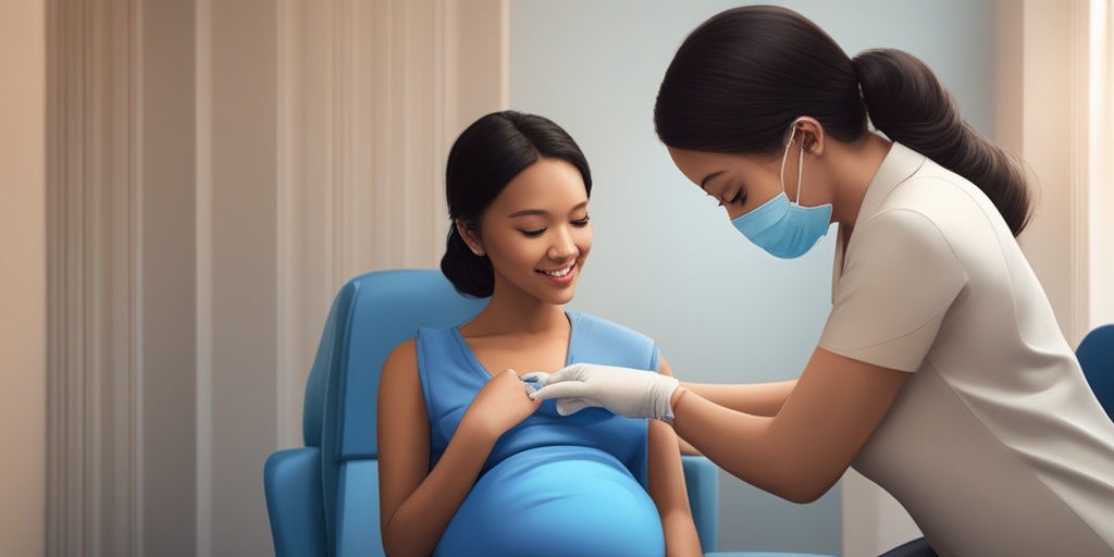 Pregnant woman receiving COVID-19 vaccination, with calm and determined expression, in healthcare setting.