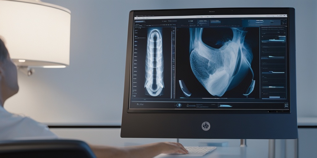 Sonographer conducts early fetal ultrasound in modern medical setting, transducer scans uterus, fetus's heart beats on monitor.