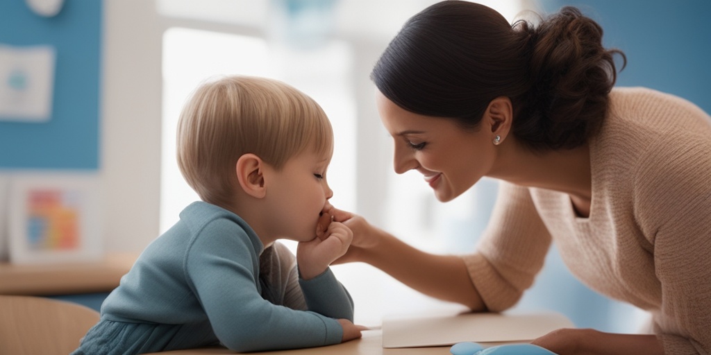 Speech therapist gently guides child's hand away from mouth in professional blue setting.