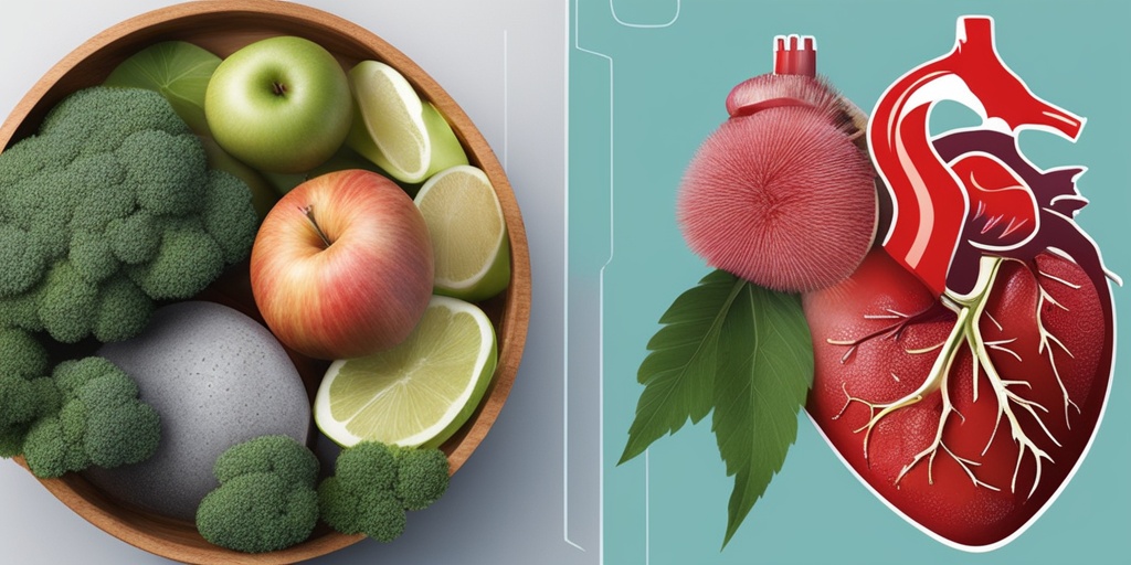 Split-screen comparison of a healthy and unhealthy heart, surrounded by greenery and grey elements.