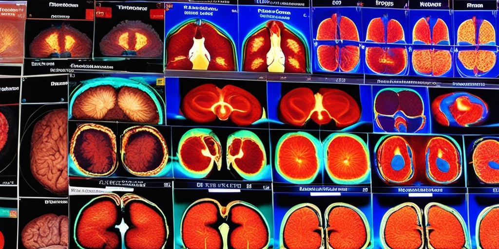 Split-screen comparison of glioblastoma, meningioma, and acoustic neuroma brain tumors in blue background.