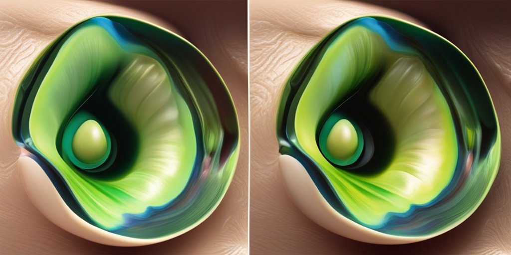 Split-screen comparison of healthy and affected inner ear structures with 3D models.