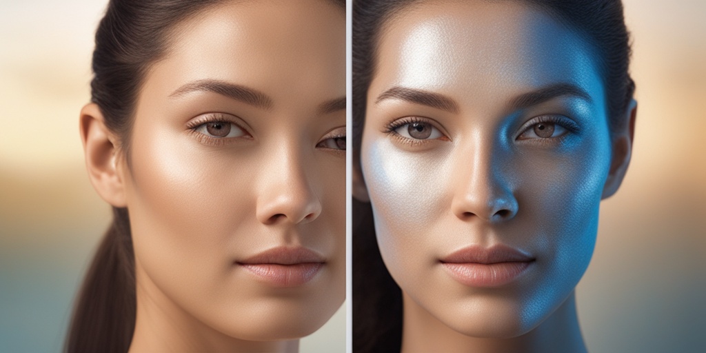 Split-screen comparison of healthy protected skin and damaged skin with wrinkles and sunburn.