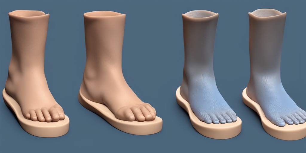 Split-screen comparison of normal foot and foot with clubfoot, featuring 3D rendered models on a subtle blue background.