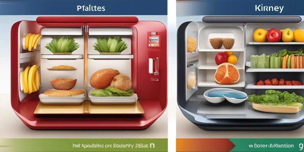 Split-screen image illustrating causes and risk factors of kidney stones with unhealthy and healthy food choices.