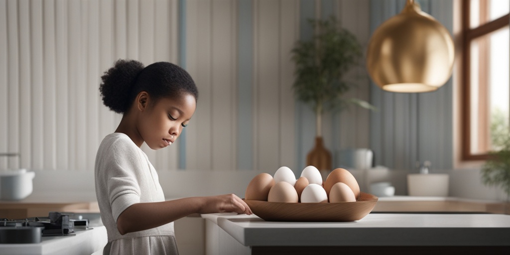 Split-screen image of mother holding baby and genetic helix structure with eggs and allergen molecules in muted colors.