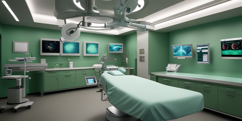 Surgical team performing intervention for Synergistic Necrotizing Fasciitis in a 3D rendered operating room scene with green and white colors.