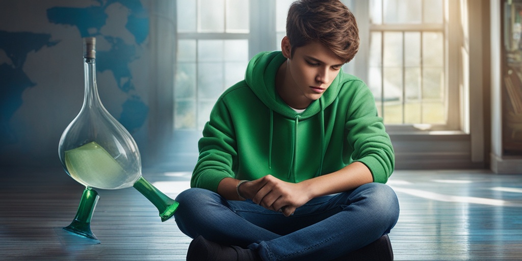 Teenager sitting in a dimly lit room surrounded by risk factors for alcohol abuse, with a mix of green and blue hues.