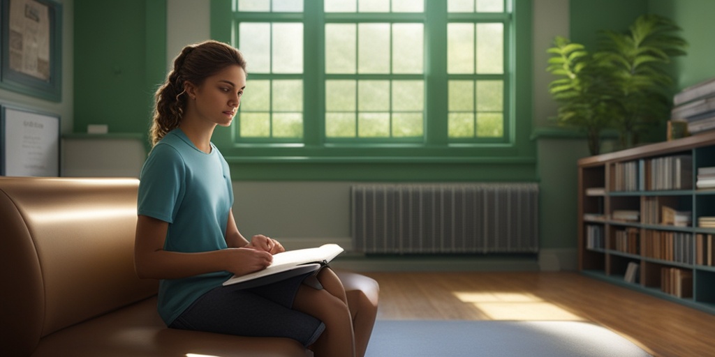 Teenager sitting in a therapist's office with a calm expression, surrounded by supportive visual elements.