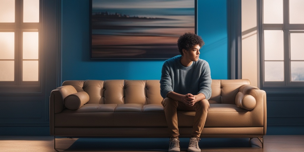 Teenager sitting on a therapist's couch, conveying the impact of substance abuse on teen mental health in a subtle gradient blue background.