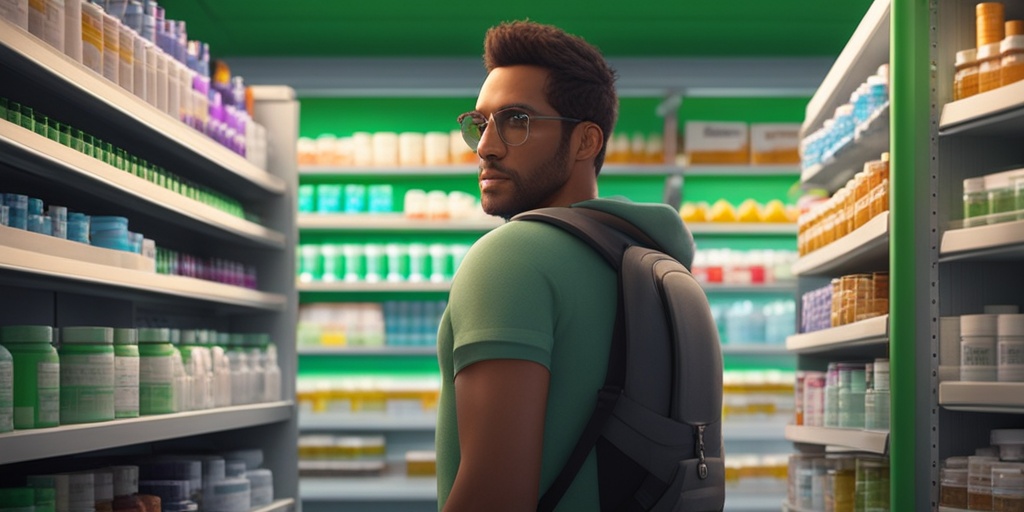 Thoughtful person stands in front of pharmacy shelf with various insulin types and supplies.