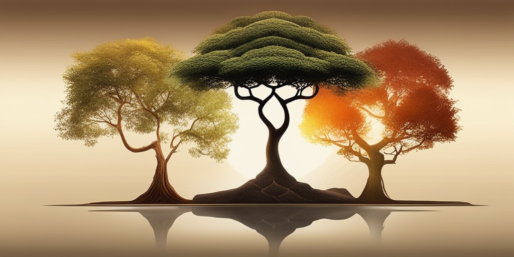 Three distinct scenes illustrating the three doshas in Ayurveda, each with corresponding colors and elements in a natural environment.