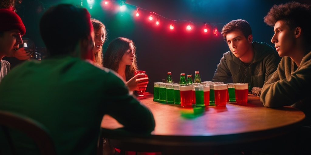 Underage friends gathered around a table with red solo cups and beer bottles, highlighting dangers of underage drinking in a dimly lit atmosphere.