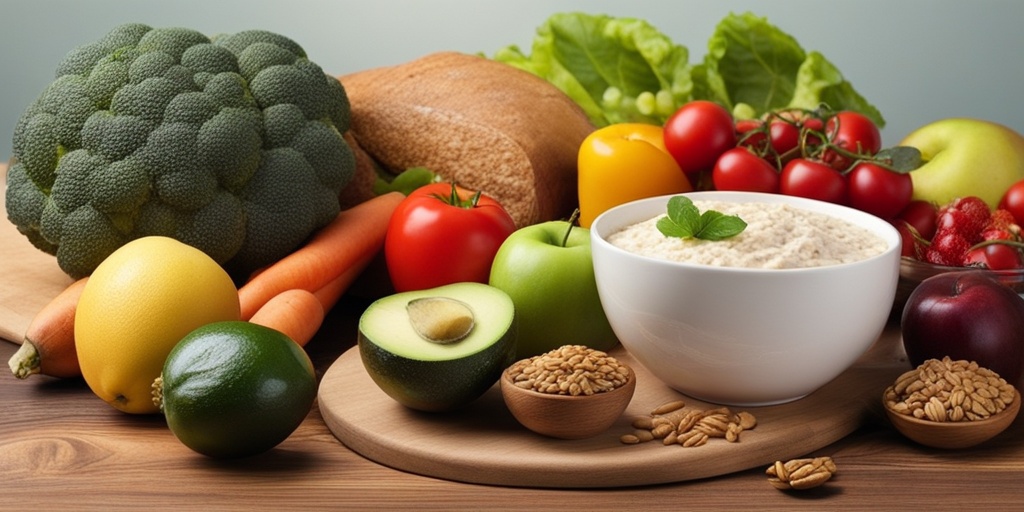 Variety of healthy food options arranged on a rustic wooden table with natural lighting.