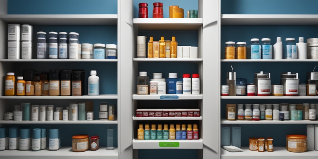 Various medications and treatment options for Upper Limb Spasticity displayed on separate shelves in a clean composition.