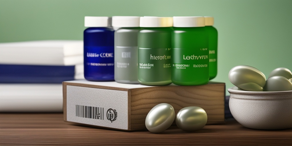 Various thyroid cancer medications arranged on a wooden table, subtle cinematic lighting effect against green background.